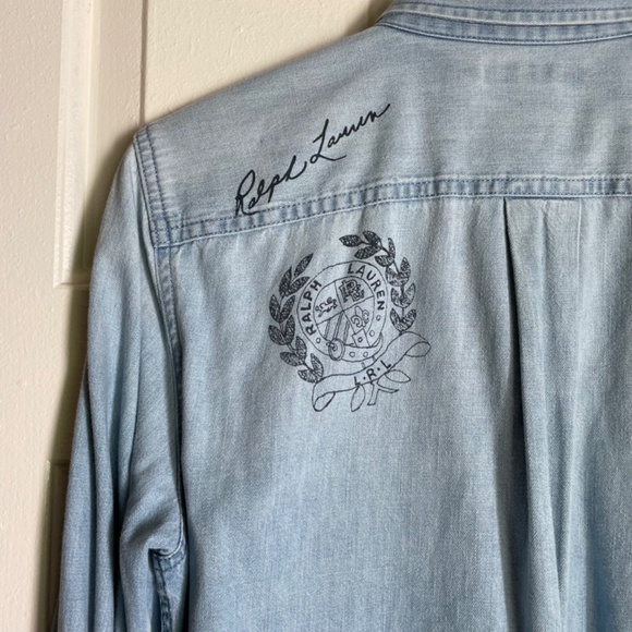 Lauren Ralph Lauren Denim Chambray Shirt with Logo Print Large - Picture 6 of 7